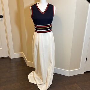 Vintage Navy Ribbed Bodice Maxi Dress with Colorful Stripe Waist